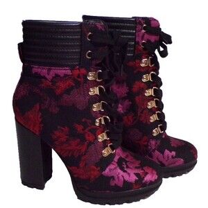 ShoeDazzle Shandee Black Floral Lace Up High Heel Booties Size 5.5